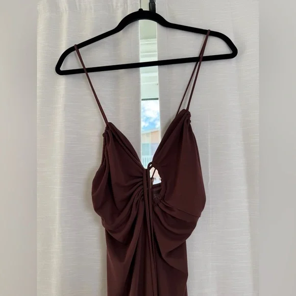 MANGO Chocolate Brown Ruched Cutout Maxi Dress | Vacation, Date Night Size M - Picture 6 of 11